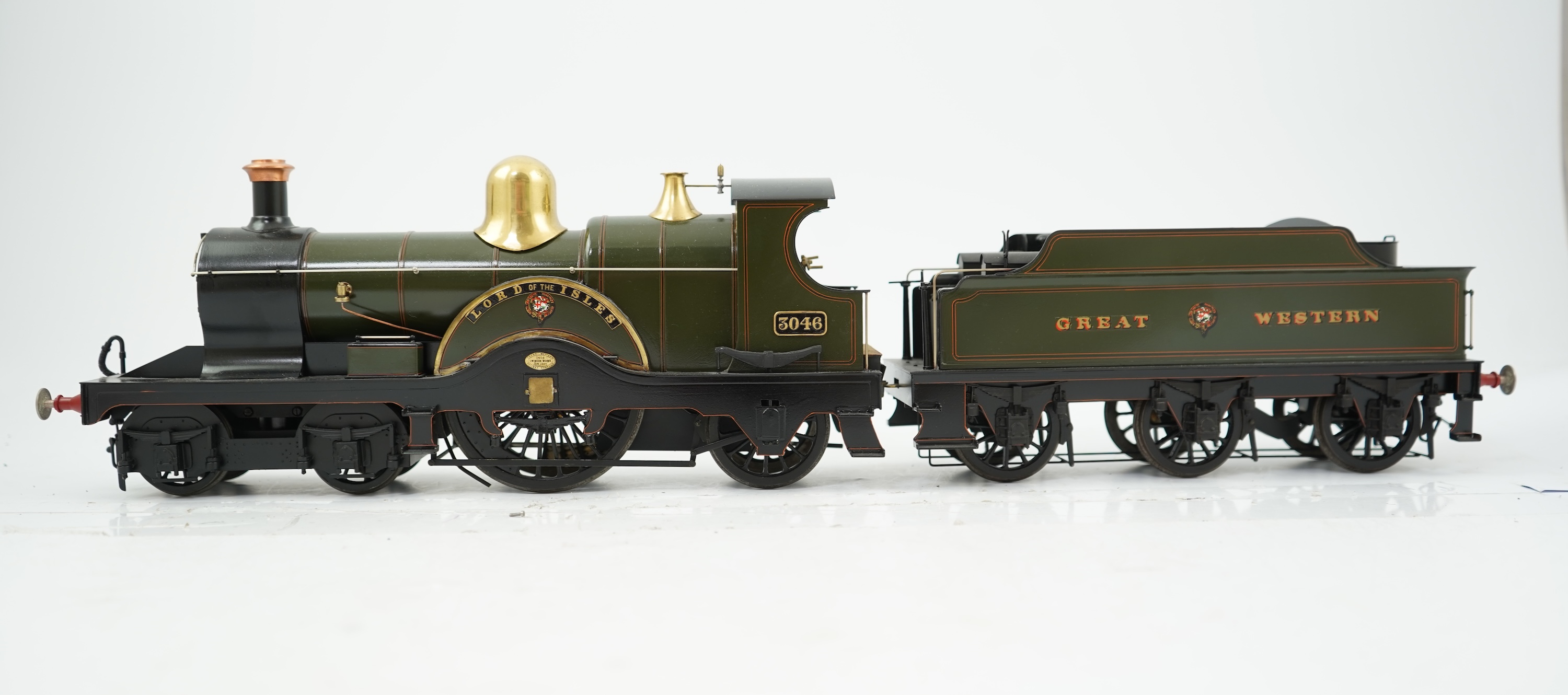 A Gauge One Cherry Scale Models model of a ‘Dean Single’ GWR Achilles Class (Class 3031) Lord of The Isles 3046, 4-2-2 tender locomotive, powered for two rail operation.